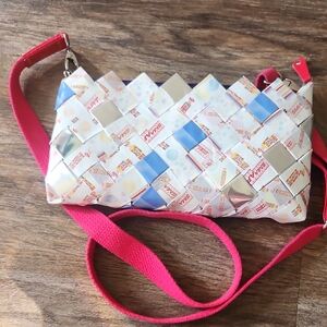 Nahui Ollin Smarties Red and White Crossbody Bag with Geometric Trim